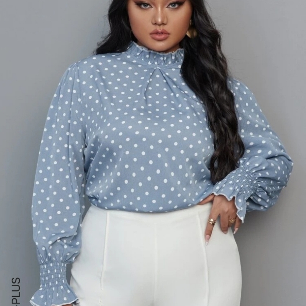 Plus Polka Dot Frill Trim Lantern Sleeve Blouse